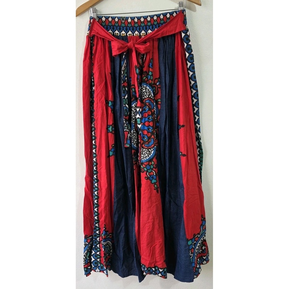 Touch Me Skirt Womans‎ Sz L Elastic Waist Pleated Wrap Tie Boho Hippie Red Denim